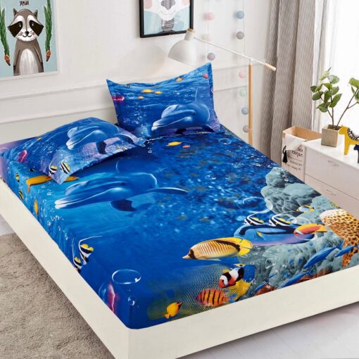 Husa de pat cu elastic,3D,Bumbac Finet, pentru pat de 2 persoane + 2 fete de perna JOJO Home