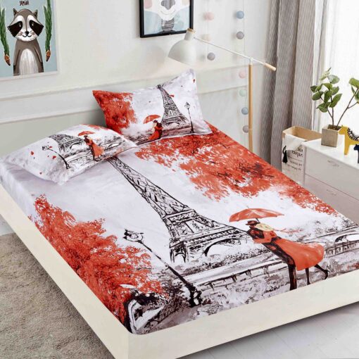 Husa de pat cu elastic,3D,Bumbac Finet, pentru pat de 2 persoane + 2 fete de perna JOJO Home