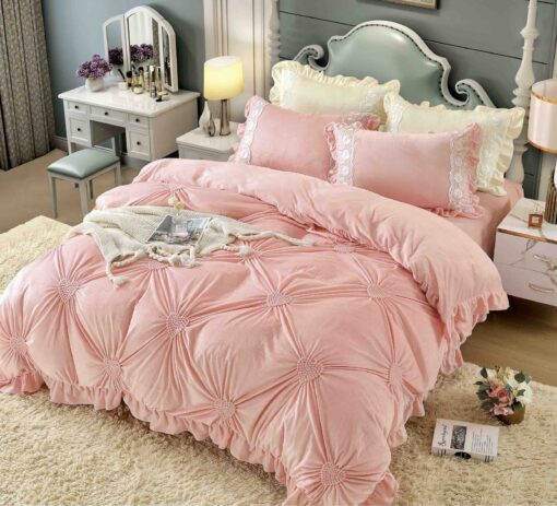 Set Lenjerie de Pat din Catifea, Cu Broderie, 4 Piese, Pat 2 Persoane, JOJO Home
