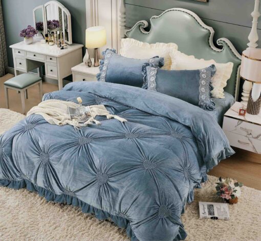 Set Lenjerie de Pat din Catifea, Cu Broderie, 4 Piese, Pat 2 Persoane, JOJO Home