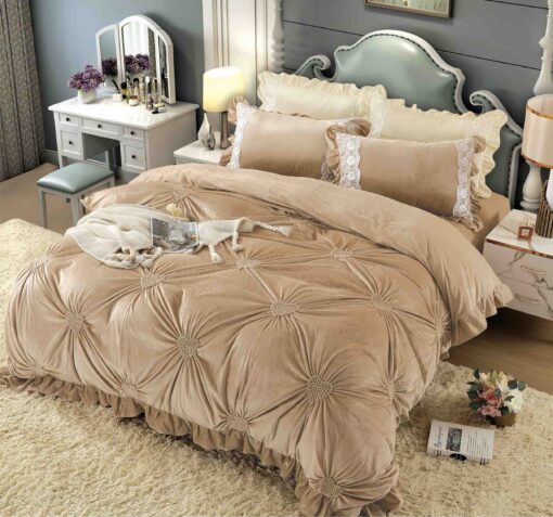 Set Lenjerie de Pat din Catifea, Cu Broderie, 4 Piese, Pat 2 Persoane, JOJO Home
