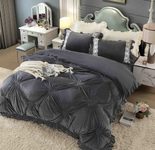 Set Lenjerie de Pat din Catifea, Cu Broderie, 4 Piese, Pat 2 Persoane, JOJO Home