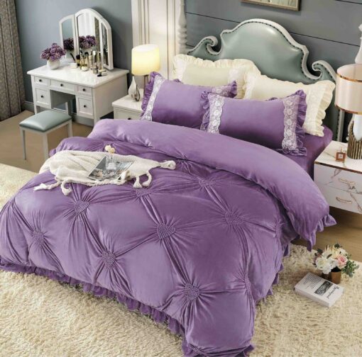 Set Lenjerie de Pat din Catifea, Cu Broderie, 4 Piese, Pat 2 Persoane, JOJO Home