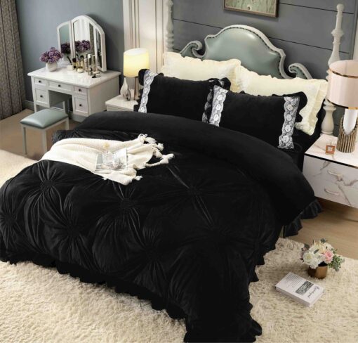 Set Lenjerie de Pat din Catifea, Cu Broderie, 4 Piese, Pat 2 Persoane, JOJO Home