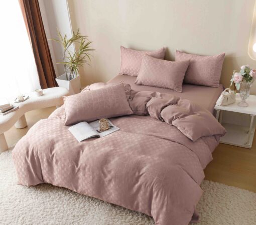 Lenjerie pat dublu, JACQUARD FINETAT, 6 piese,Roz Pudra,JOJO Home - imagine 6
