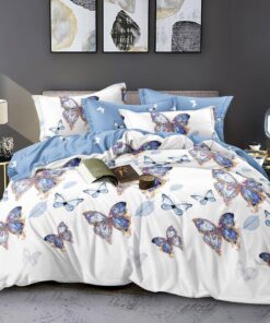 Lenjerie de pat Bumbac Finet 6 piese,Fluturi Aurii, Bej/Bleu, JOJO Home