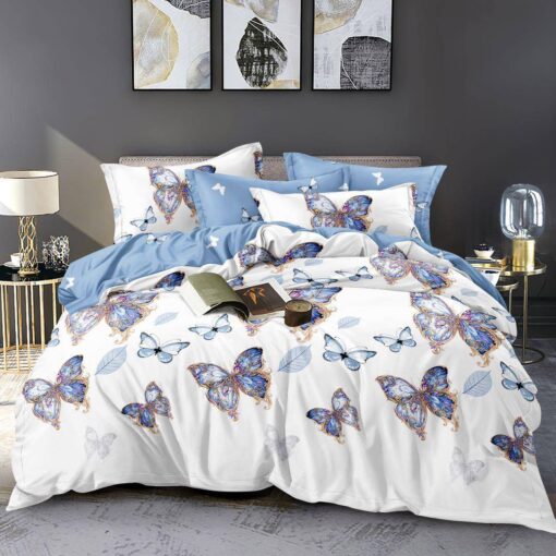 Lenjerie de pat Bumbac Finet 6 piese,Fluturi Aurii, Bej/Bleu, JOJO Home