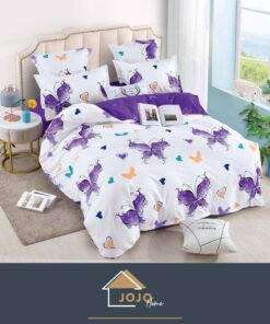 Lenjerie de pat Bumbac Finet 6 piese,Fluturi Mov, Alb/Mov,, JOJO Home