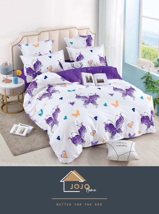 Lenjerie de pat Bumbac Finet 6 piese,Fluturi Mov, Alb/Mov,, JOJO Home