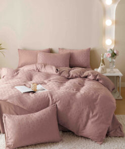 Lenjerie pat dublu, JACQUARD FINETAT, 6 piese,Roz Pudra,JOJO Home