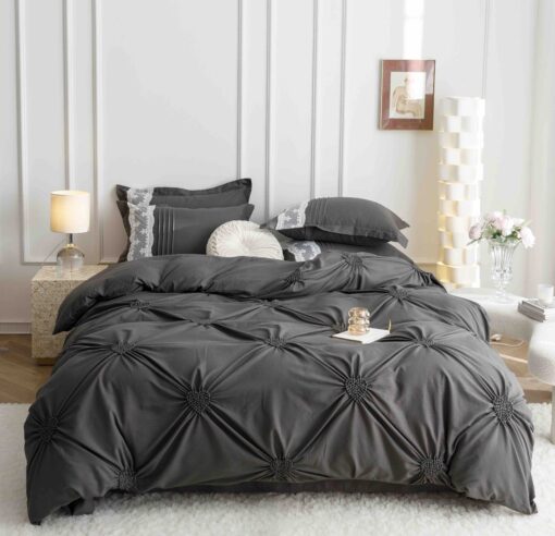 Lenjerie pat dublu, BUMBAC Soft Touch, 6 piese, cu INIMI BRODATE, JOJO Home, Gri Antracit - imagine 2