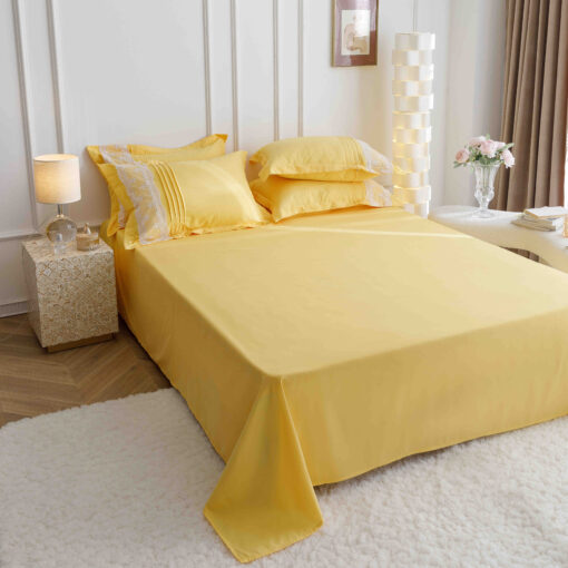 Lenjerie pat dublu, BUMBAC Soft Touch, 6 piese, cu INIMI BRODATE, JOJO Home, Galben - imagine 9