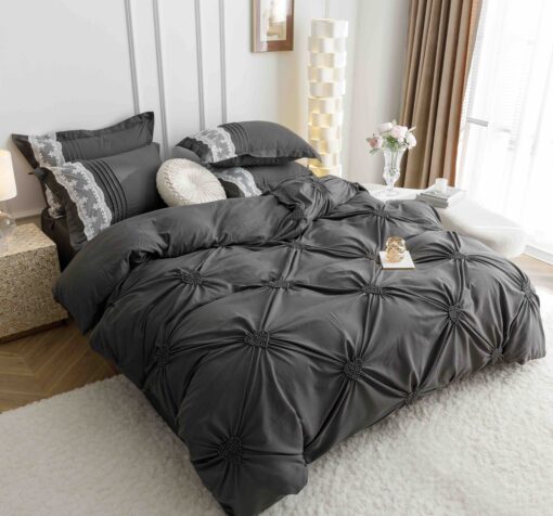 Lenjerie pat dublu, BUMBAC Soft Touch, 6 piese, cu INIMI BRODATE, JOJO Home, Gri Antracit