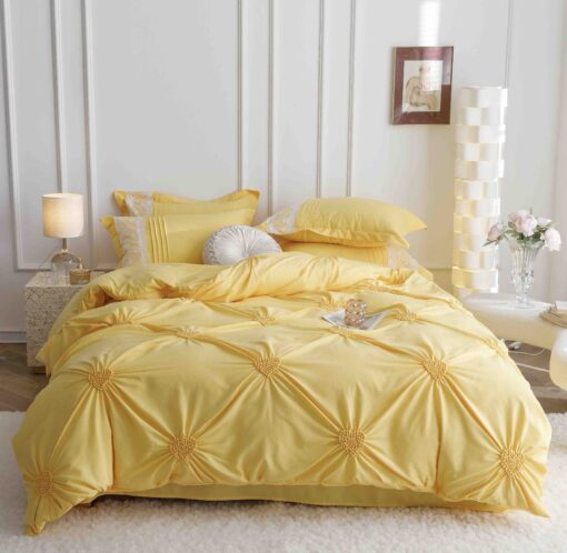 Lenjerie pat dublu, BUMBAC Soft Touch, 6 piese, cu INIMI BRODATE, JOJO Home, Galben - imagine 4