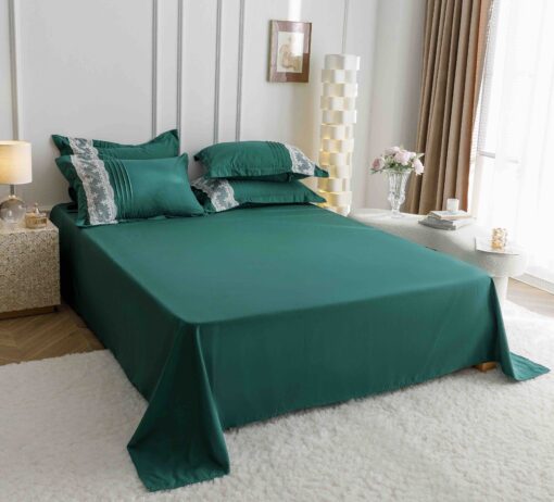 Lenjerie pat dublu, BUMBAC Soft Touch, 6 piese, cu INIMI BRODATE, JOJO Home, Verde - imagine 8