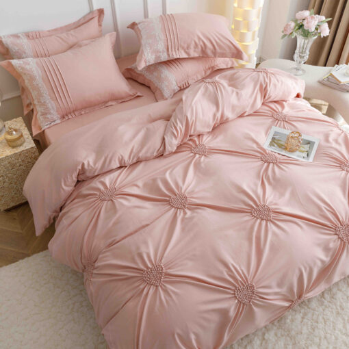 Lenjerie pat dublu, BUMBAC Soft Touch, 6 piese, cu INIMI BRODATE, JOJO Home, Roz Pudra - imagine 3