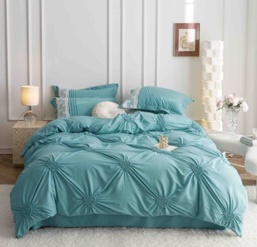 Lenjerie pat dublu, BUMBAC Soft Touch, 6 piese, cu INIMI BRODATE, JOJO Home, Aqua Blue - imagine 5