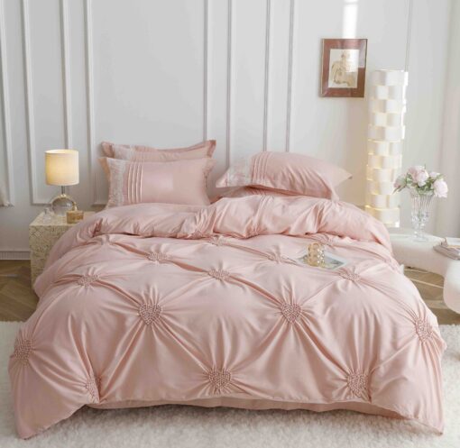 Lenjerie pat dublu, BUMBAC Soft Touch, 6 piese, cu INIMI BRODATE, JOJO Home, Roz Pudra - imagine 4