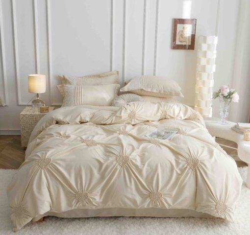 Lenjerie pat dublu, BUMBAC Soft Touch, 6 piese, cu INIMI BRODATE, JOJO Home, Crem - imagine 9