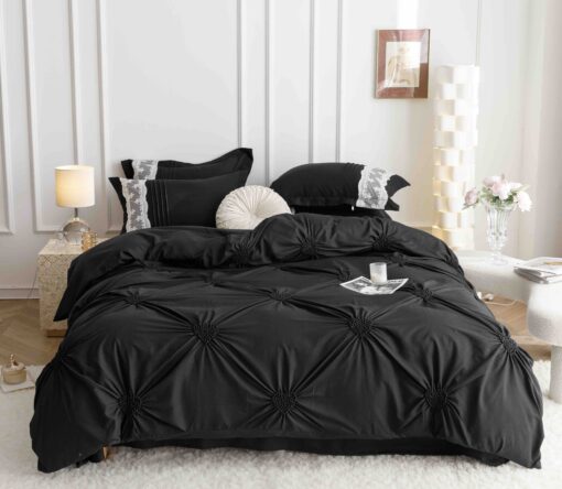 Lenjerie pat dublu, BUMBAC Soft Touch, 6 piese, cu INIMI BRODATE, JOJO Home, Negru - imagine 3