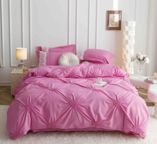 Lenjerie pat dublu, BUMBAC Soft Touch, 6 piese, cu INIMI BRODATE, JOJO Home, Roz