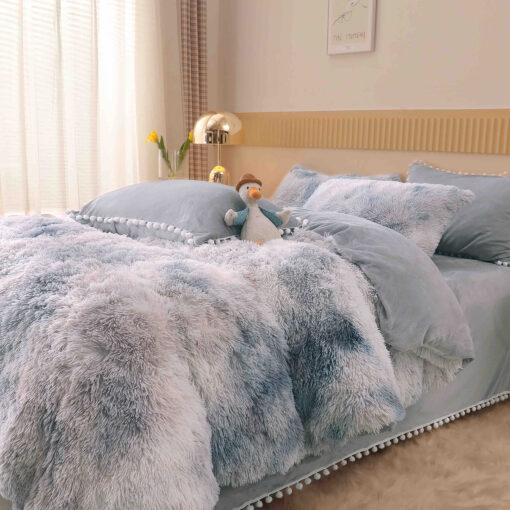 Lenjerie Cocolino Fluffy cu Ciucuri Super Pufoasa, 6 Piese, Gri Multicolor, JOJO Home - imagine 4