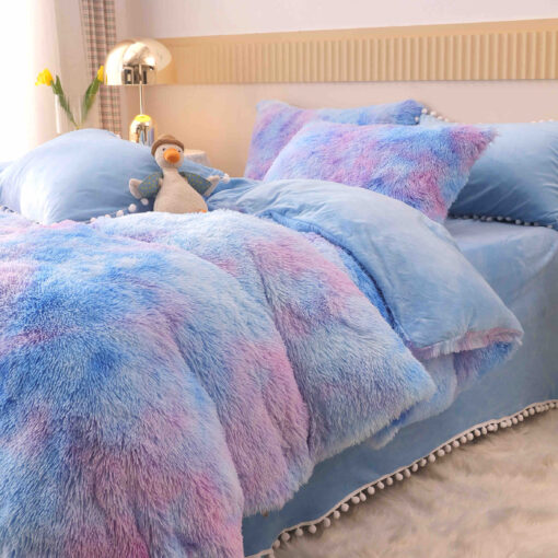 Lenjerie Cocolino Fluffy cu Ciucuri Super Pufoasa, 6 Piese, Bleu Multicolor, JOJO Home - imagine 2