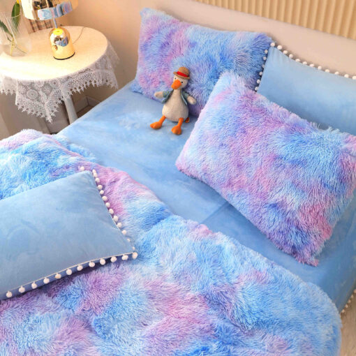 Lenjerie Cocolino Fluffy cu Ciucuri Super Pufoasa, 6 Piese, Bleu Multicolor, JOJO Home - imagine 3