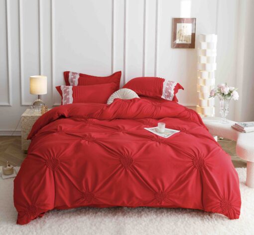 Lenjerie pat dublu, BUMBAC Soft Touch, 6 piese, cu INIMI BRODATE, JOJO Home, Rosu - imagine 4