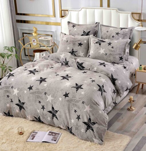 Set Lenjerie Pufoasa Cocolino, 6 Piese, Pat 2 Persoane,Stele,Gri,JOJO Home