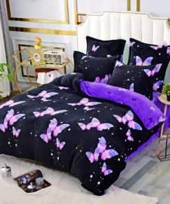 Set Lenjerie Pufoasa Cocolino, 6 Piese, Pat 2 Persoane,Fluturasi Negru/Mov,JOJO Home