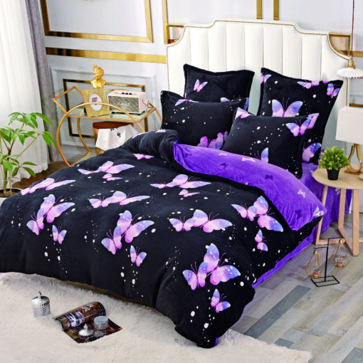 Set Lenjerie Pufoasa Cocolino, 6 Piese, Pat 2 Persoane,Fluturasi Negru/Mov,JOJO Home