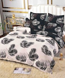 Set Lenjerie Pufoasa Cocolino, 6 Piese, Pat 2 Persoane,Frunze,Negru/Gri,JOJO Home