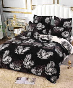Set Lenjerie Pufoasa Cocolino, 6 Piese, Pat 2 Persoane,Frunze,Negru/Alb,JOJO Home