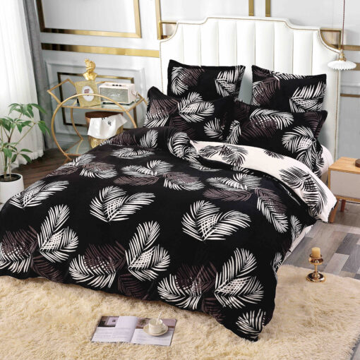 Set Lenjerie Pufoasa Cocolino, 6 Piese, Pat 2 Persoane,Frunze,Negru/Alb,JOJO Home