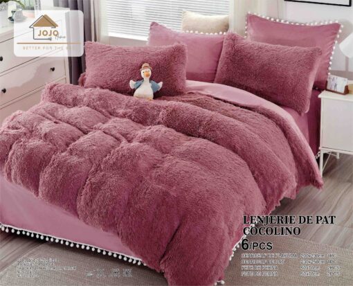 Lenjerie Cocolino Fluffy cu Ciucuri Super Pufoasa, 6 Piese, Roz Inchis, JOJO Home