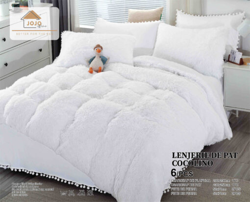 Lenjerie Cocolino Fluffy cu Ciucuri Super Pufoasa, 6 Piese, Alb, JOJO Home