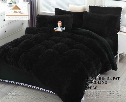 Lenjerie Cocolino Fluffy cu Ciucuri Super Pufoasa, 6 Piese, Negru, JOJO Home