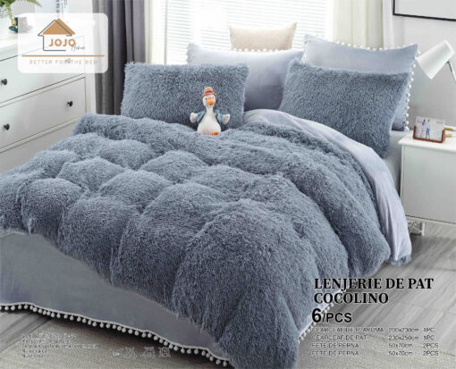 Lenjerie Cocolino Fluffy cu Ciucuri Super Pufoasa, 6 Piese, Gri, JOJO Home