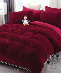 Lenjerie Cocolino Fluffy cu Ciucuri Super Pufoasa, 6 Piese, Grena, JOJO Home
