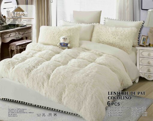 Lenjerie Cocolino Fluffy cu Ciucuri Super Pufoasa, 6 Piese, Cream, JOJO Home