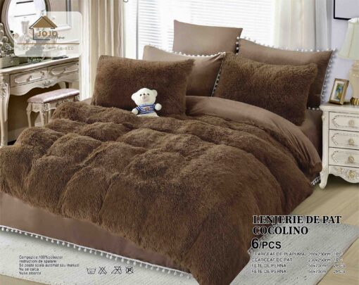 Lenjerie Cocolino Fluffy cu Ciucuri Super Pufoasa, 6 Piese, Maro, JOJO Home