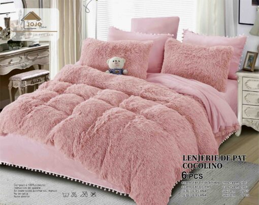 Lenjerie Cocolino Fluffy cu Ciucuri Super Pufoasa, 6 Piese, Roz Pudra, JOJO Home