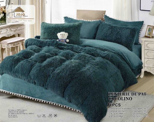 Lenjerie Cocolino Fluffy cu Ciucuri Super Pufoasa, 6 Piese, Verde Inchis, JOJO Home