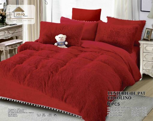 Lenjerie Cocolino Fluffy cu Ciucuri Super Pufoasa, 6 Piese, Rosu, JOJO Home