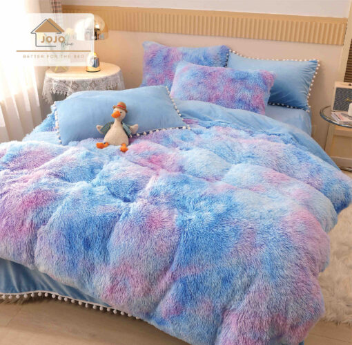Lenjerie Cocolino Fluffy cu Ciucuri Super Pufoasa, 6 Piese, Bleu Multicolor, JOJO Home