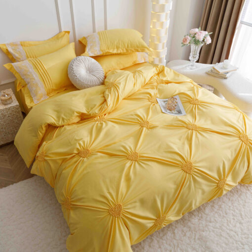 Lenjerie pat dublu, BUMBAC Soft Touch, 6 piese, cu INIMI BRODATE, JOJO Home, Galben - imagine 6