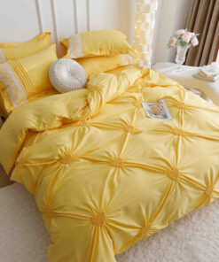 Lenjerie pat dublu, BUMBAC Soft Touch, 6 piese, cu INIMI BRODATE, JOJO Home, Galben