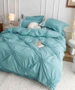 Lenjerie pat dublu, BUMBAC Soft Touch, 6 piese, cu INIMI BRODATE, JOJO Home, Aqua Blue