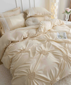 Lenjerie pat dublu, BUMBAC Soft Touch, 6 piese, cu INIMI BRODATE, JOJO Home, Crem